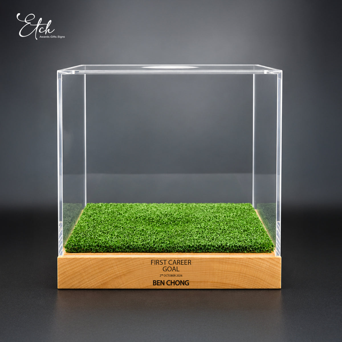 Acrylic Soccer Ball Display Case with Artificial Grass Patch