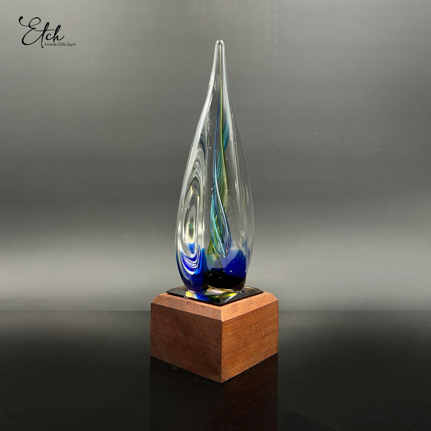 Chromatic Swirl Raindrop Award with Wood Base