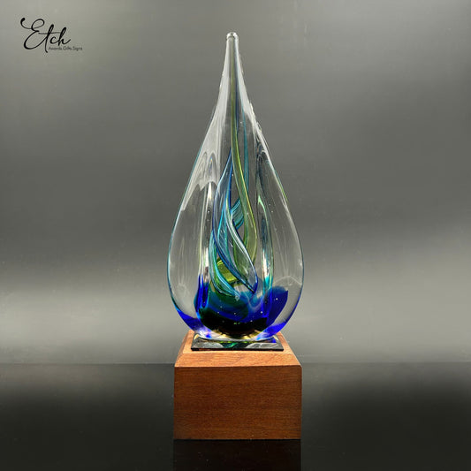 Chromatic Swirl Raindrop Award with Wood Base