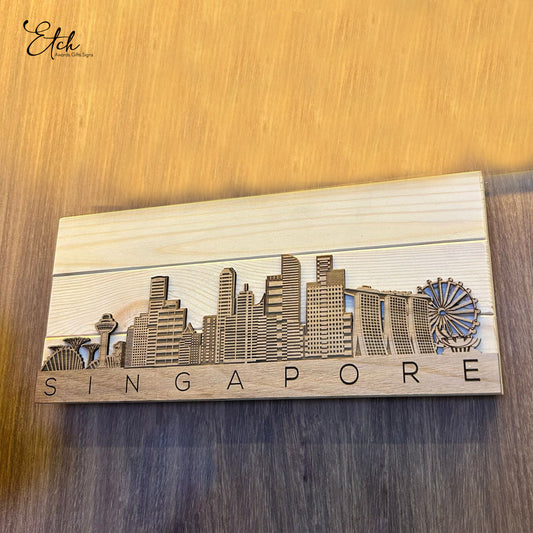 Etched Singapore Skyline on Wood Veneer