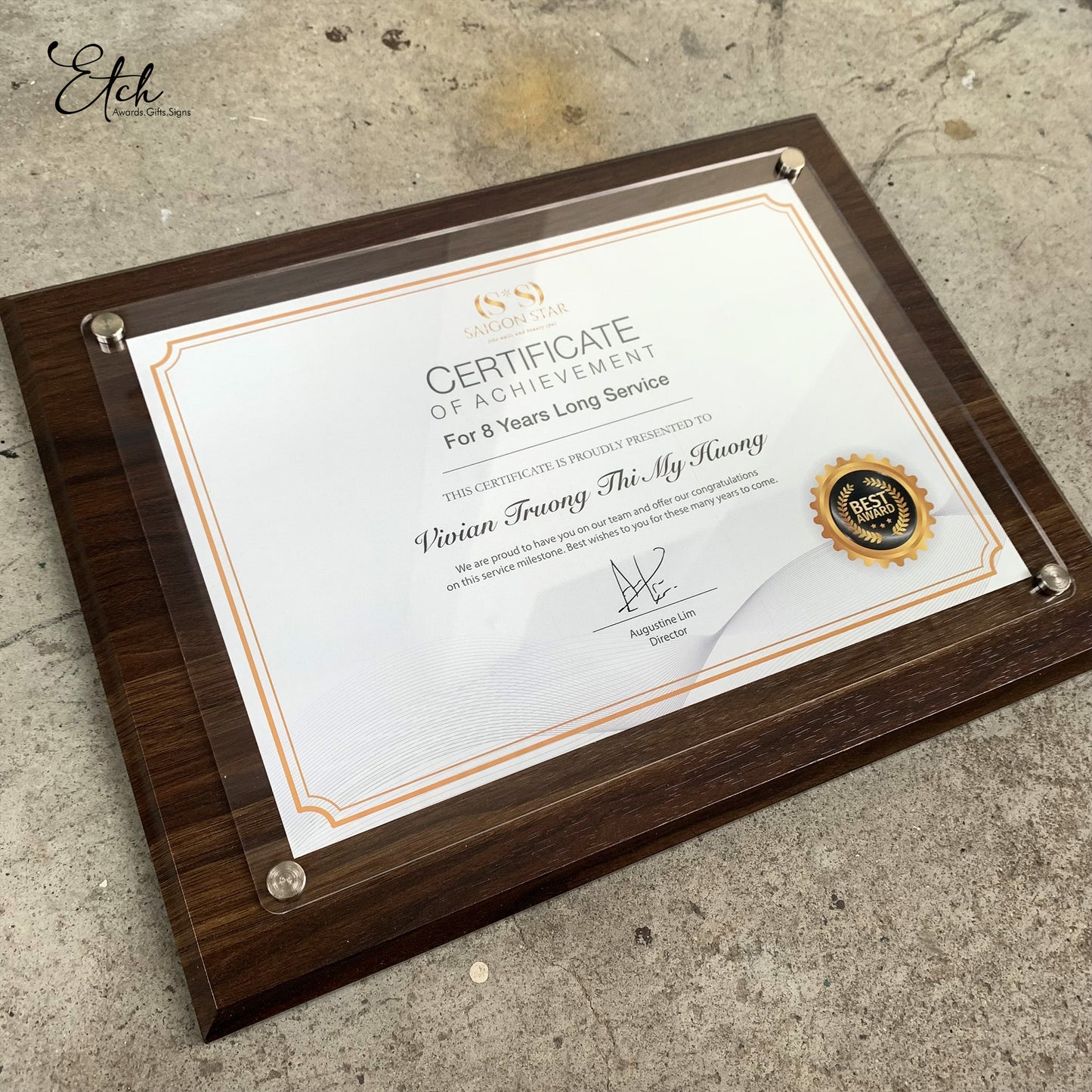 Certificate Print with Acrylic cover on Wooden Plaque